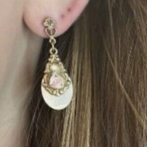 Gold Floral Dangle Drop Earrings - Mother of Pearl Teardrop Pink Rose Victorian